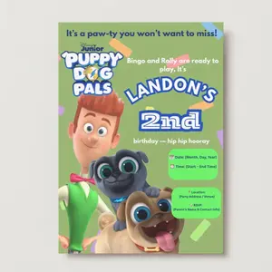 Puppy Dog Pals Birthday Invitation Template for Toddler Birthday with Bingo and Rolly Characters
