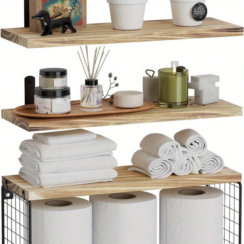 Minimalist Wooden Floating Shelf Set with Baskets, Stylish Wall Storage for Organizing Bedroom Living Room Kitchen, Wall Organizer Shelf, Eco-friendly Wooden Materials, Wall Shelf Unit