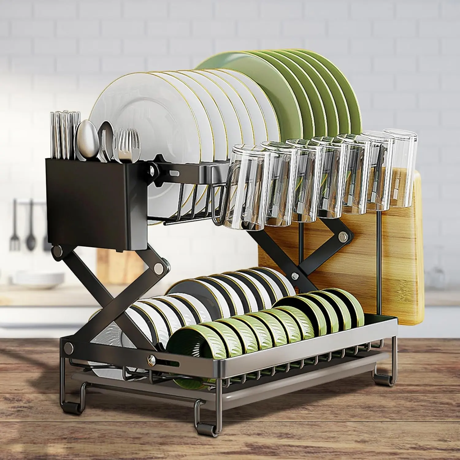 2 Tier Dish Rack, Collapsible Dish Drainer Rack with Removable Drip Tray, Foldable Draining Board Rack, Sink Drainer Rack with Utensil, Cup & Cutting Board Holder for Kitchen Counter
