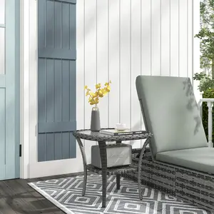 Outdoor Wicker Coffee Table - Mixed Gray, Hand-Woven Outdoor Furniture with Water-Ripple Glass Top and Lower Storage Shelf