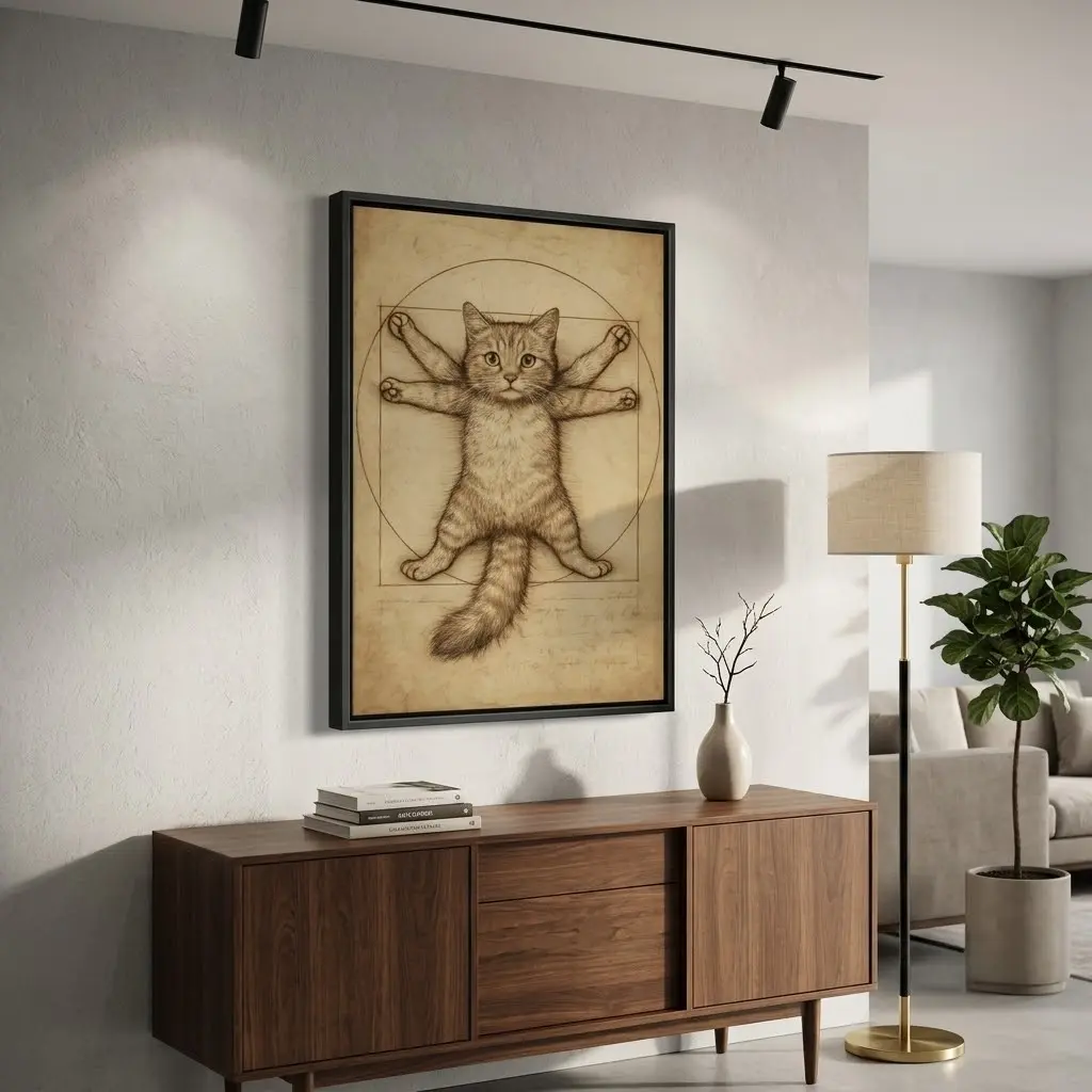 Vitruvian Cat Canvas Wall Art, Funny Da Vinci Style Cat Sketch Canvas Painting for Cat Lovers Bedroom Living Room Home Decor