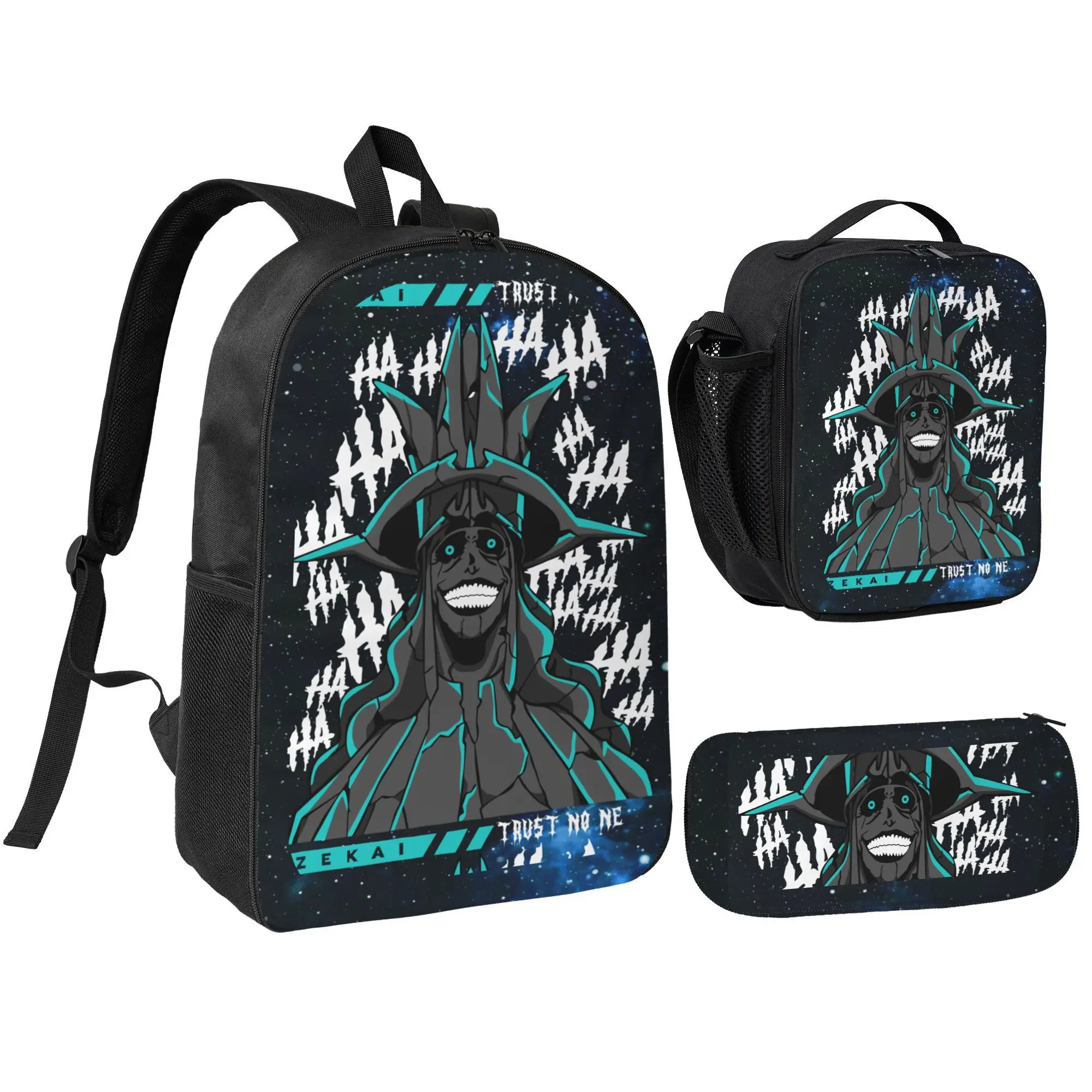 Three-piece Sailor Moon 15 print backpack set, waterproof curved adjustable shoulder strap, large capacity mesh crossbody bag.