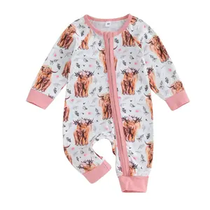 FOCUSNORM Western Baby Girl Boy Clothes Long Sleeve Cow Print Romper Zipper Bodysuit Jumpsuit  Fall Winter Outfit