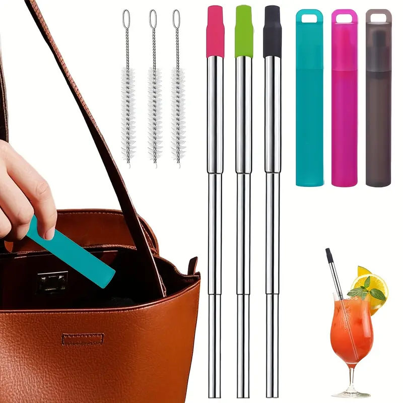 3 Pack Collapsible Stainless Steel Metal Straw Set, Drink Accessories, Straw Combo, Utensils, Kitchen, Portable Lightweight Telescopic Travel Coffee Drinking Straw with Case and Cleaning Brush, Reusable Collapsible Straws with Silicone Tip, Gray & Blue