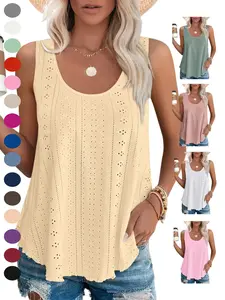 2026 Womens Tank Tops Sleeveless Eyelet Embroidery Scoop Neck Loose Fit Casual Fall Flowy
