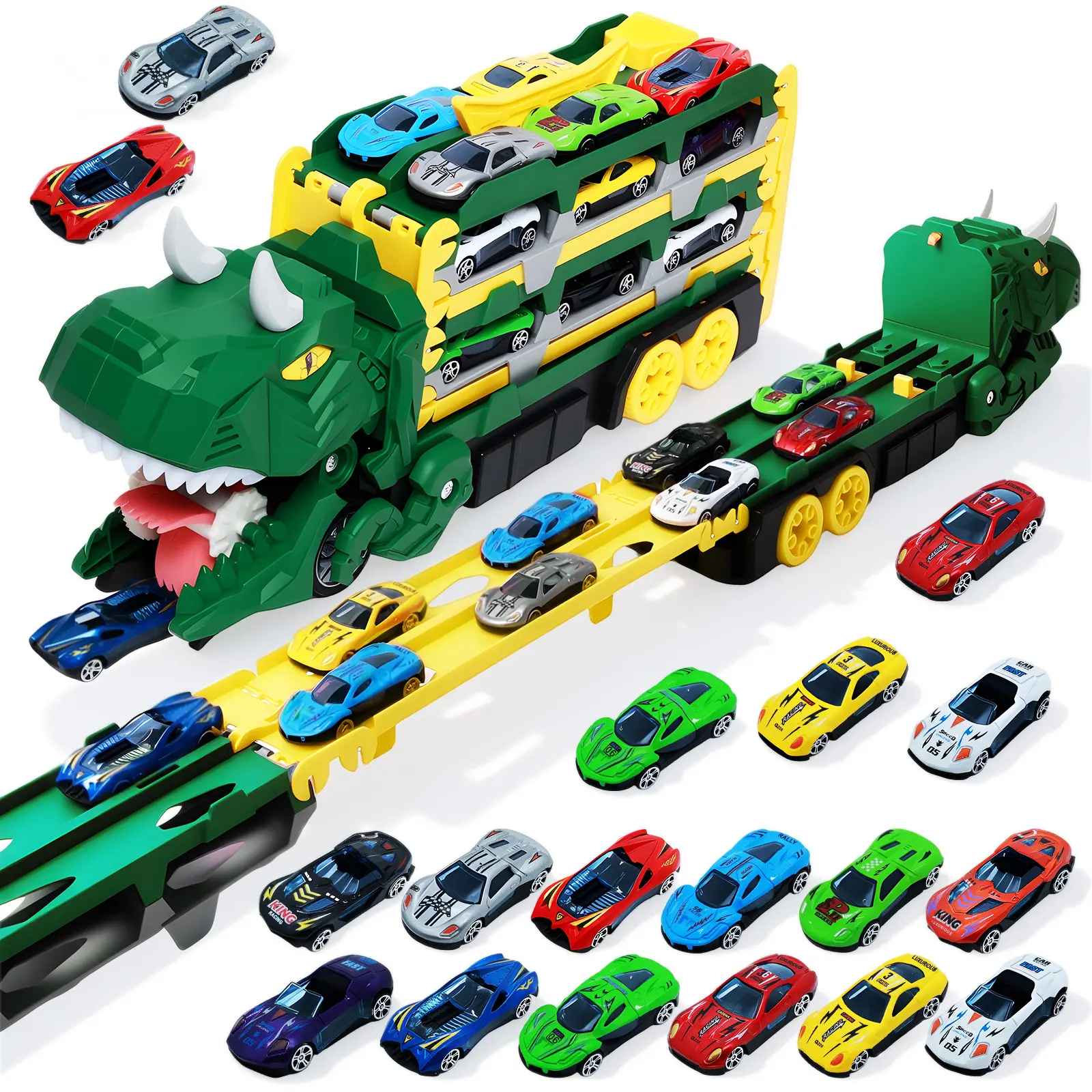 UDROLL Dino Vehicle Playset - Unisex Transforming Dinosaur Transport Truck with 12 Mini Die-Cast Kids Play Vehicles, Launch Ramps, Storage, Toddler Toy for Ages 3-6