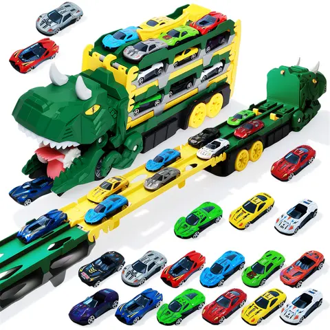 UDROLL Dino Vehicle Playset - Transforming Dinosaur Transport Truck with Dino-Truck Transform Function, 12 Mini Die-Cast Cars to Race, Launch Ramps, Storage, Unisex Toddler Toys for 4-6 Years