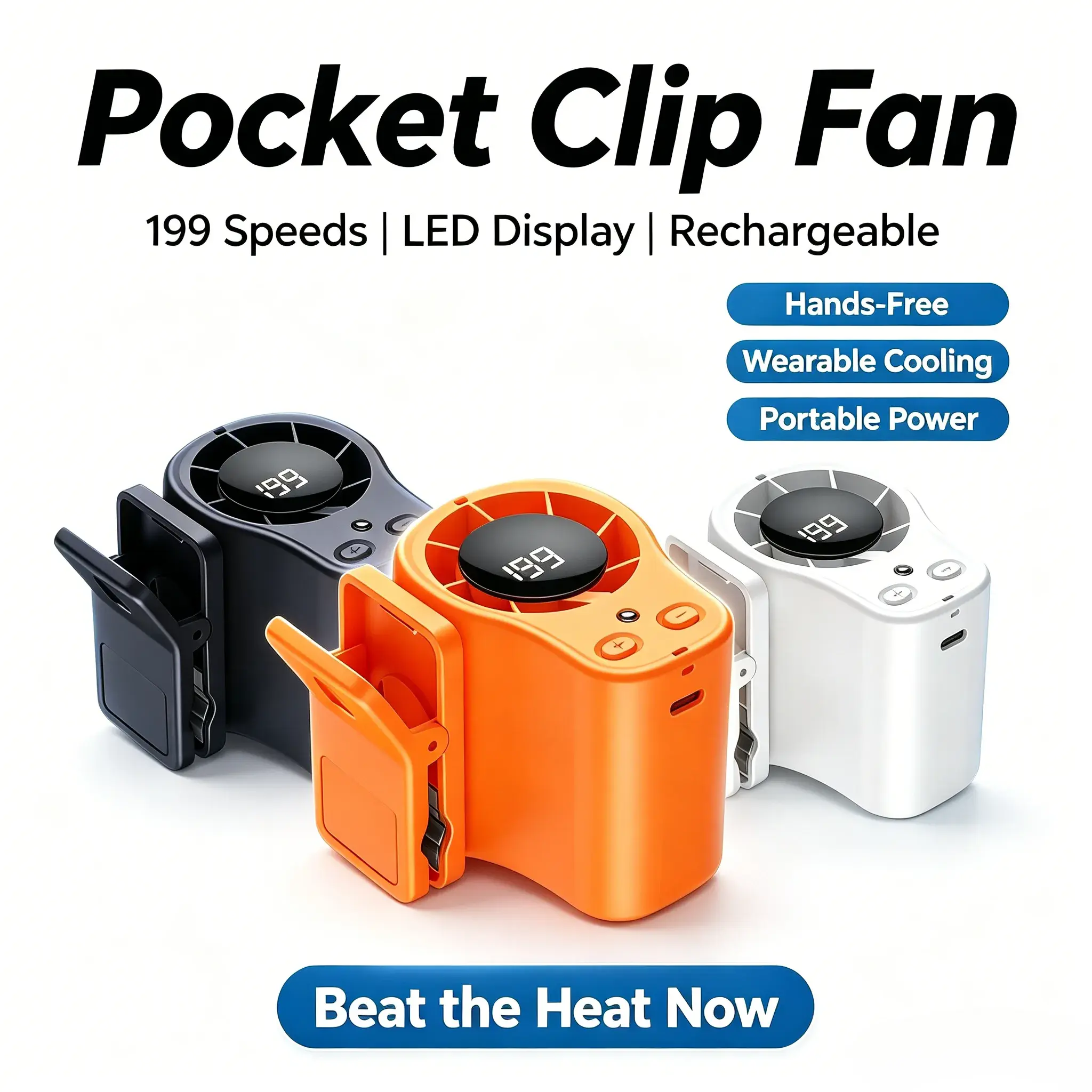 Clip On Waist Fan 199 Speed Adjustable Rechargeable Portable Cooling Fan with LED Digital Display, Hands Free Personal Mini Fan for Outdoor Work Camping Gardening Fishing Long Battery Life Multi Color Options