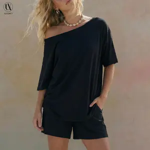 AUTOMET off shoulder Two-Piece Set For Women Summer  Casual Oversized  Split Hem Shirts & Pocket Biker Shorts Minimalist Lounge Wear Soft Comfy Homewear Cozy