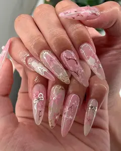 Cherry Blossom Press On Nails, Spring Wedding Nails, Pink Transparent Nails with Blossoms & Pearls, Luxury Bridal Nails, Nude Pink Nails