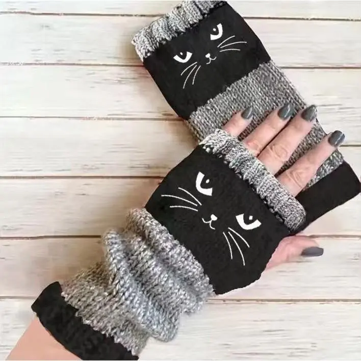 Women's Knit Fingerless Gloves - Warming, Flexible, Embellished Casual Fashion Gloves, Embroidered Cat Design Winter Accessories, Warming Gloves