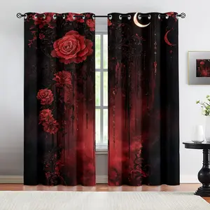 Gothic dark red rose print pattern, curtain set of 2 pieces, suitable for living room, balcony, and bedroom windows, perfect for home, seasonal, holiday room decoration