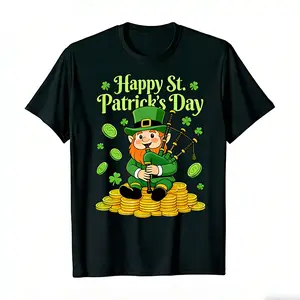 Happy St. Patrick's Day - Leprechaun Bagpipes & Gold Coins Irish Music T-Shirt For Men Women White Text Print, Machine Washable Humorous Gift for Men y2k  outfits  men time  tee  shirt  double print  Vintage Metalcore Tshirt