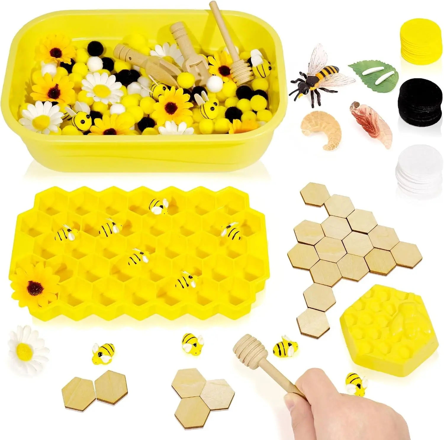 Bee Sensory Bin Fillers, Bee Hive Montessori Toys for Toddlers, Counting Sorting Toys for Kids, Pom Poms Sunflowers Honeycomb Fine Motor Toys for Early Learning