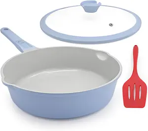 12 Inch Ceramic Frying Pan Skillet with Lid, Nonstick Deep Frying Pan for Cooking, 5 QT Large Saute Pan with Detachable Handle, Induction Ready, PTFE & PFAS-Free, Oven Safe, Blue