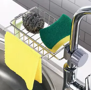 Kitchen sink faucet storage rack, adjustable and removable sponge holder, soap and drain rack, rust-resistant stainless steel, universal bathroom towel hook