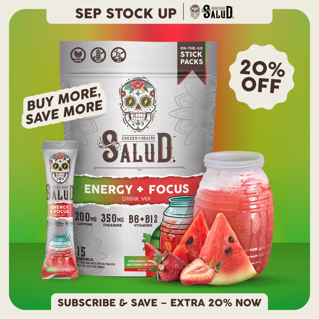 Salud 2-in-1 [Energy + Focus - Fresandía | Strawberry Watermelon] Clean Energy Drink Mix, Agua Fresca, Organic Caffeine, B6 & B12, L-Theanine, Drink Packets, Non-GMO, Gluten Free, Vegan, Low Calorie, 1g Sugar (15 Servings)