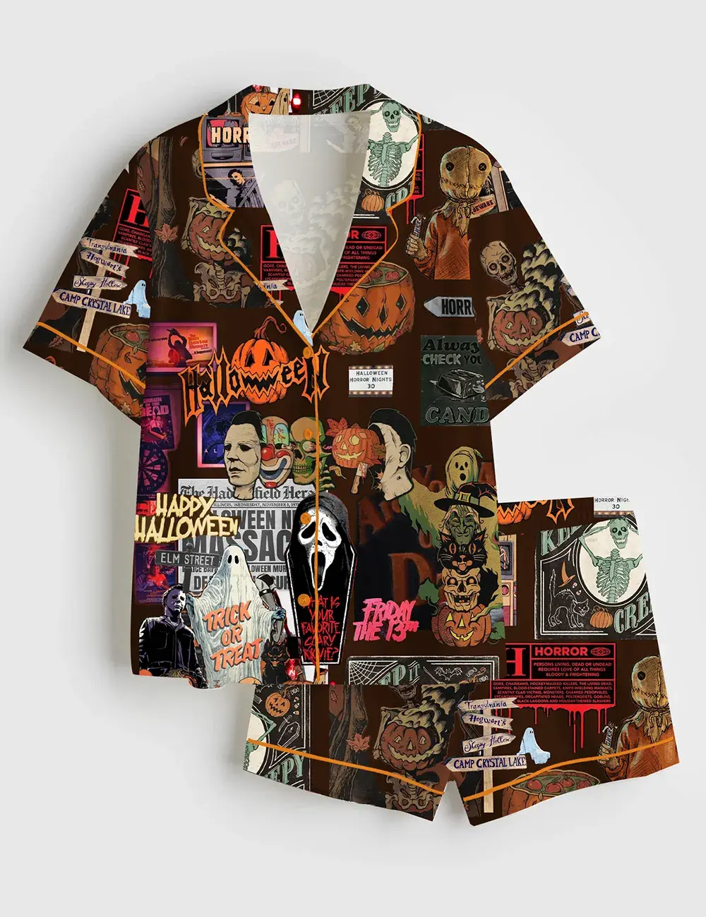 Women’s Retro Horror Movie Halloween Enjoyer Thriller Retro Ghost Pumpkin Print Short & Long Sleeve Satin Pajama Set