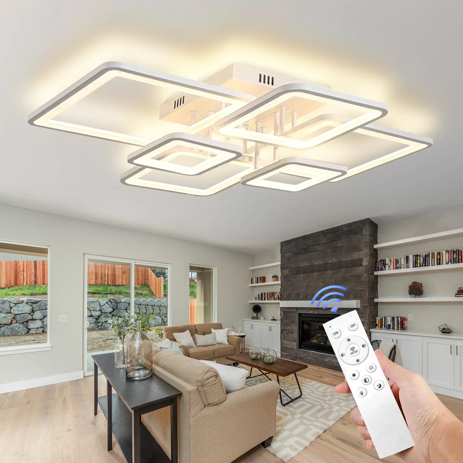 6-Square Geometric Flush Mount LED Ceiling Light, 31.5" White Low-Profile Indoor Lamp with Iron Frame, LED Chips, Remote-App Smart Control, Stepless Dimming for Bedroom, Living Room