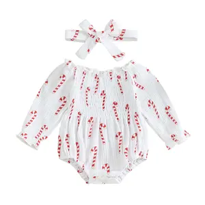 REDWOON Infant Baby Girl Christmas Outfit Smocked Bubble Romper Cute Printed Long Sleeve Cotton Linen Bodysuit Headband