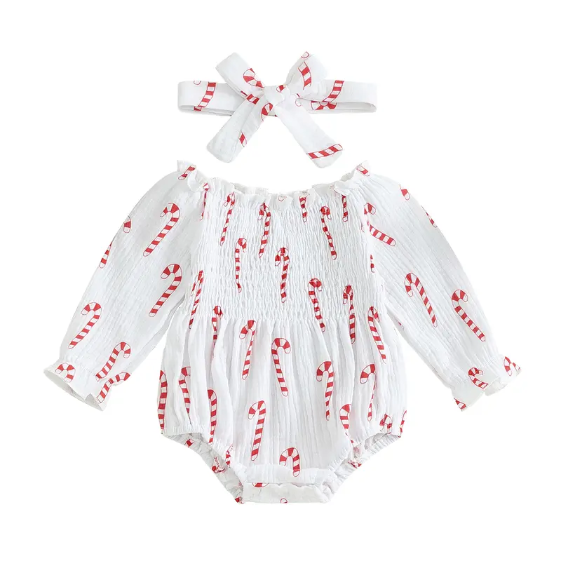 REDWOON Infant Baby Girl Christmas Outfit Smocked Bubble Romper Cute Printed Long Sleeve Cotton Linen Bodysuit Headband