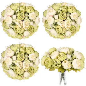 4 Bunches Peonies Artificial Flowers Faux Flowers Bouquet Silk Peony Hydrangea for Vase Wedding Centerpiece Bridal Shower Party Home Decor (Green)