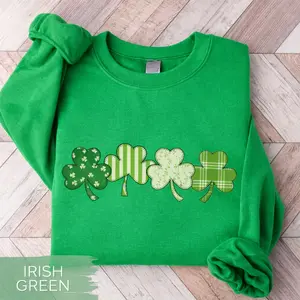 St Patricks Day Sweatshirt, FAUX Patchwork Saint Pattys Sweatshirt, St Paddys Shamrock Sweatshirt, Irish Sweatshirt, Lucky Clover Sweatshirt - LORA ATCHER
