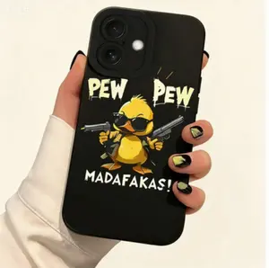 1pc Funny Duck Holding Gun Precise Hawk Eye Camera Protective Black TPU Soft Phone Case Compatible With Iphone 16 Pro Max, 15, 14, 13, 12, 11 Pro Max Plus Mini 16E, XR/X/XS Max And Other Models, Suitable As Gift For Friends Protection Cellphone