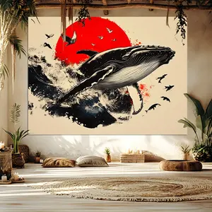 60in x 40in  home decor banner Background for whales breaking through the wave wall covering, vibrant birds and shark-like creatures design tapestry funny hanging poster fan bedroom living room gift