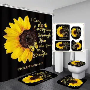 Sunflower 4-Piece Shower Curtain Set – Inspirational Quote Floral Bathroom Decor with Bath Mats & Toilet Cover, Waterproof Fabric with 12 Hooks