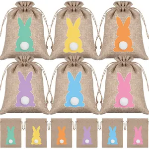 Easter Bunny Jute Bag Set, 12 Easter Bags with Drawstring, Perfect for Eggs and Small Gifts, Holiday Decorations, Spring Activities, Gift Package