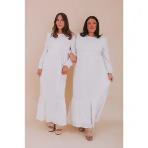 EXCLUSIVE - The White: Phyllis - Long Sleeve Crew Neck Plain Dress with Dainty Embroidery & Elastic Waistband XXS-6XL