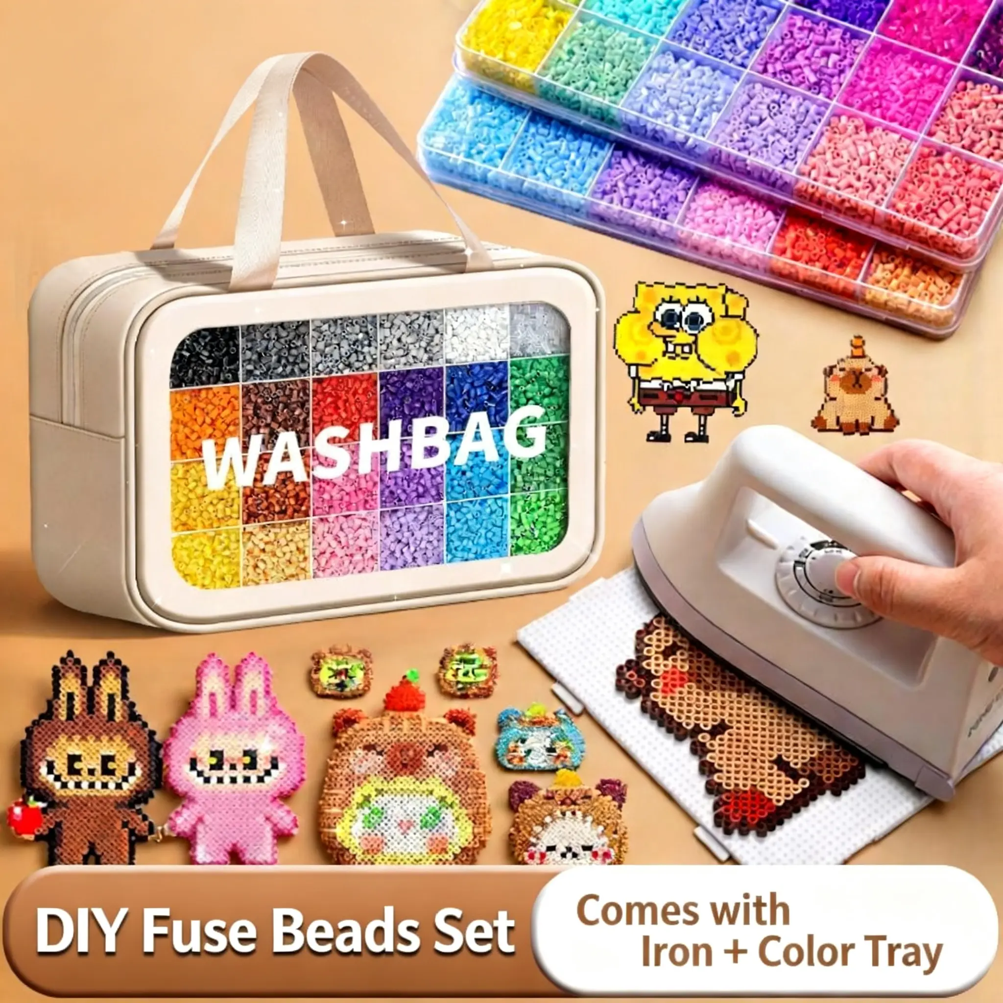 24-Color Plastic Fuse Beads Set, 2.6mm 3D Pixel Puzzle Beads, DIY Craft Bead Kit with Nail Board, Ironing Paper, Tweezers and DIY Beading Accessories, DIY Jewelry Accessories