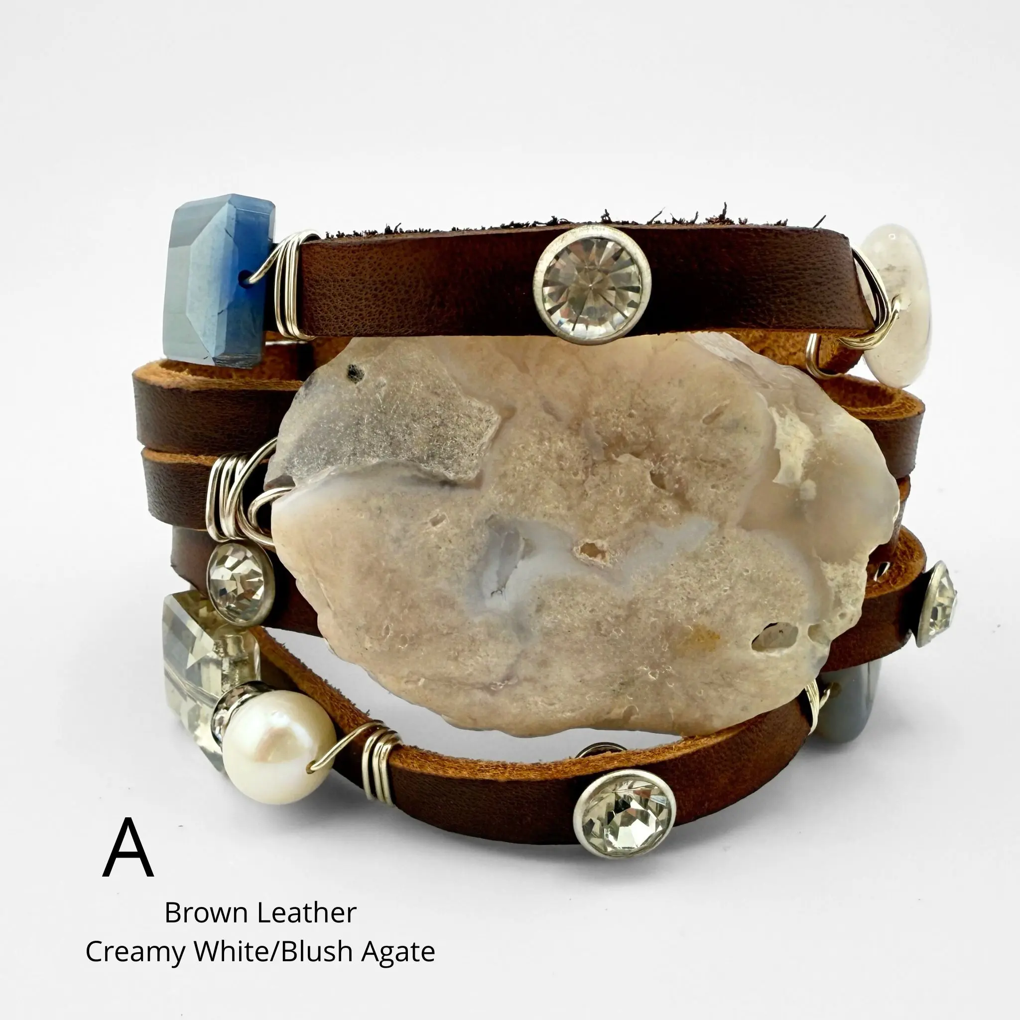 Leather Cuff Bracelet, Handmade Artsy Genuine Leather Band with Beaded Gemstones, Pearls, Crystals & Rhinestones, Adjustable Snap Closure, Pearl Beaded Bracelet, Artistic, Adjustable Snaps, Beading