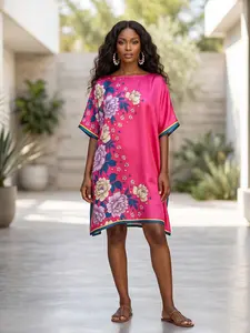 Women's Floral Print Bohemian Tunic Dress - Casual Loose Short Sleeve Kaftan Cover Up for Beach Summer