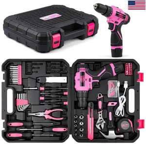 152PCS Pink Home Tool Kit with 12V Cordless Lithium Drill, Household Repair & DIY Tool Set with Hammer Pliers Wrench Toolbox for Women