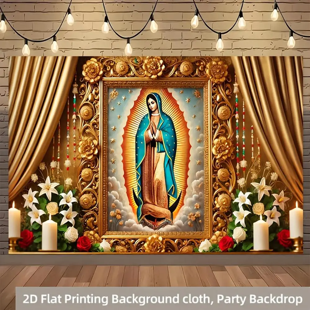 1pc 2D Flat Our Lady of Guadalupe Religious Wall Hanging Banner - Glam Durable Polyester Party Backdrop with Candle Accents, No Power Needed, Easy to Hang, White All-Season Decoration for Indoor & Outdoor Home Use