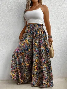 Plus Size Fashion Plus Size Floral Printed Wide Leg Casual Vacation Pants Fall Cloth For Women