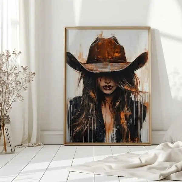 Cowgirl Canvas Wall Art, Western Brunette Portrait, Dripping Paint Country Girl Print, Rustic Rodeo Decor, Boho Farmhouse Wall Art Gift Hanging Wood Wall Art Decoration