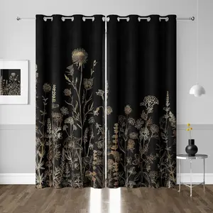 Black and  Boho Blackout Curtains, Black and Tan Cream Floral Aesthetic Dark Wildflower Botanical  Grommet Drapes 2 Panels, Farmhouse Chic Window Panels Darkening Curtain, 52x84