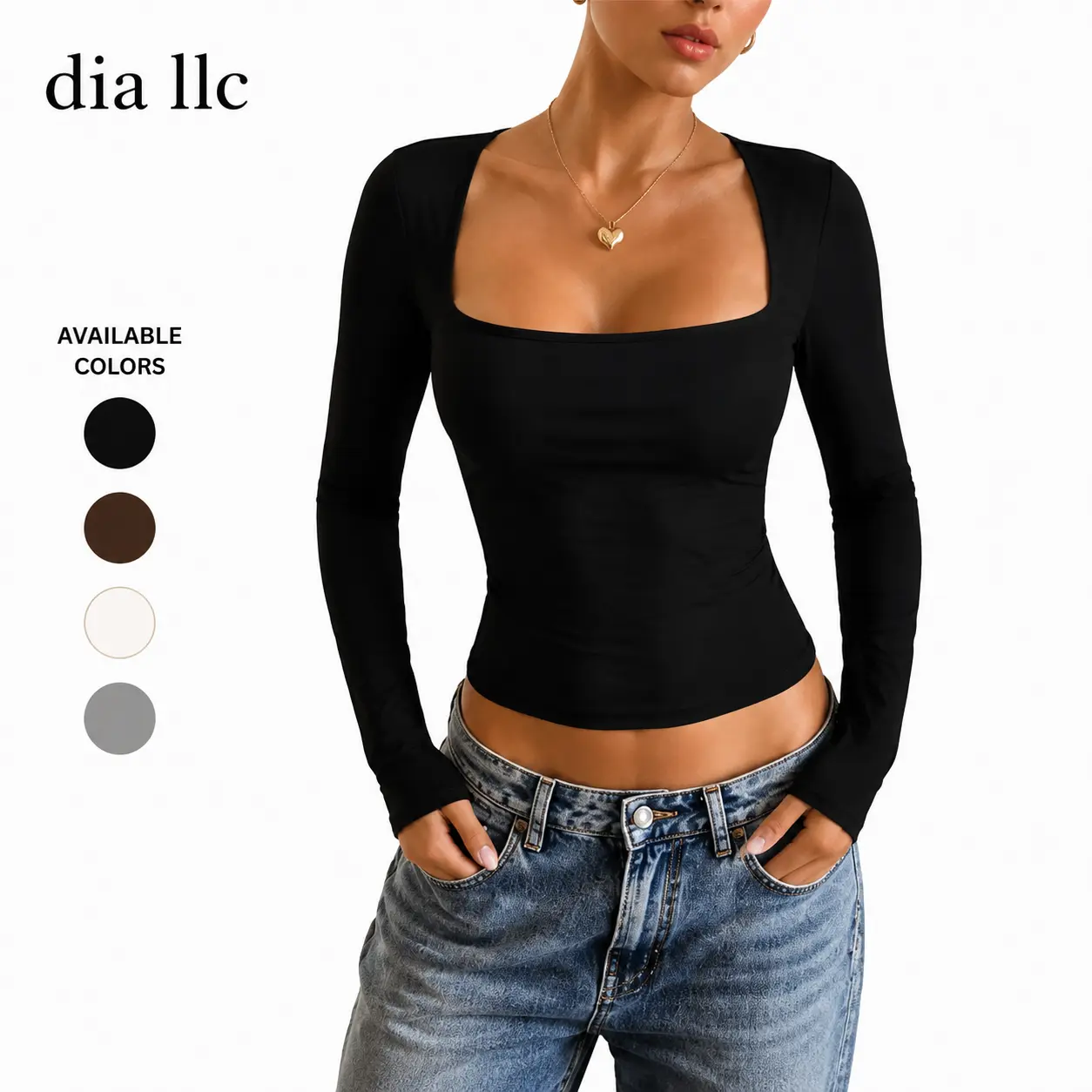 Dia LLC Women's Square Neck Long Sleeve Tops, Slim Fit Ribbed Shirt, Soft Stretch Basic Casual Layering Top for Everyday Wear