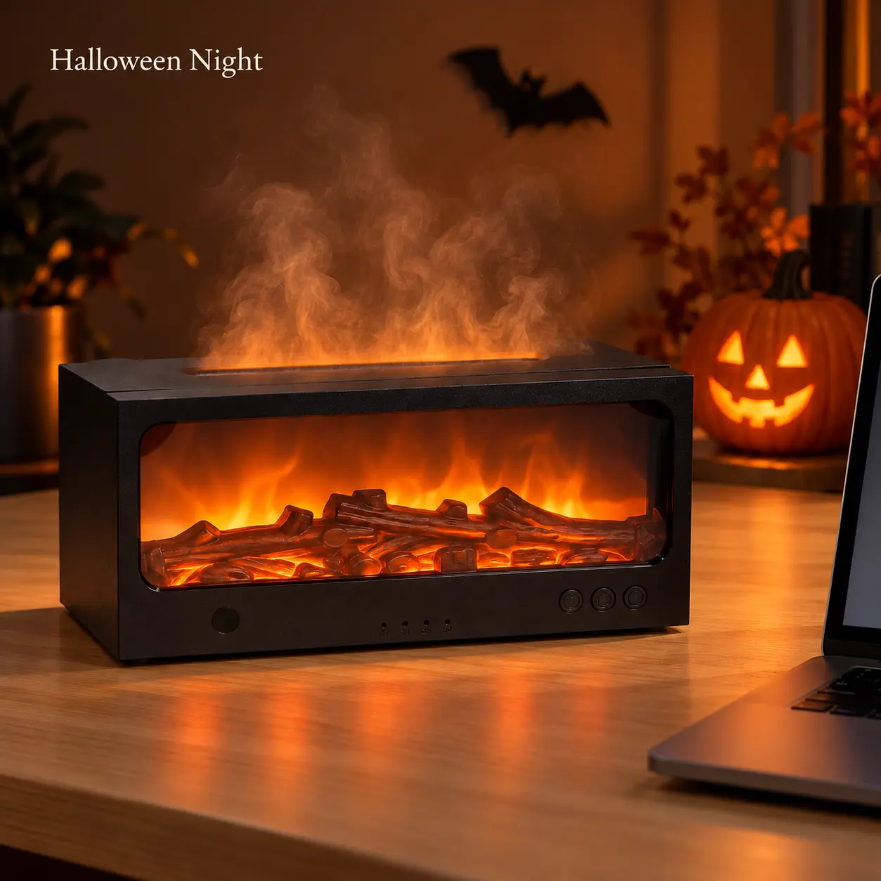 Halloween Exclusive Simulated Fireplace Flame Humidifier - USB-Powered Desktop Atomizing Mist Maker with Night Light, Timer Function, Auto Shut-Off, Ambient Lights for Bedroom Indoor Use