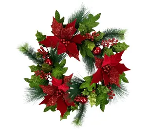 Northlight 24" Red Poinsettia and Long Pine Christmas Wreath
