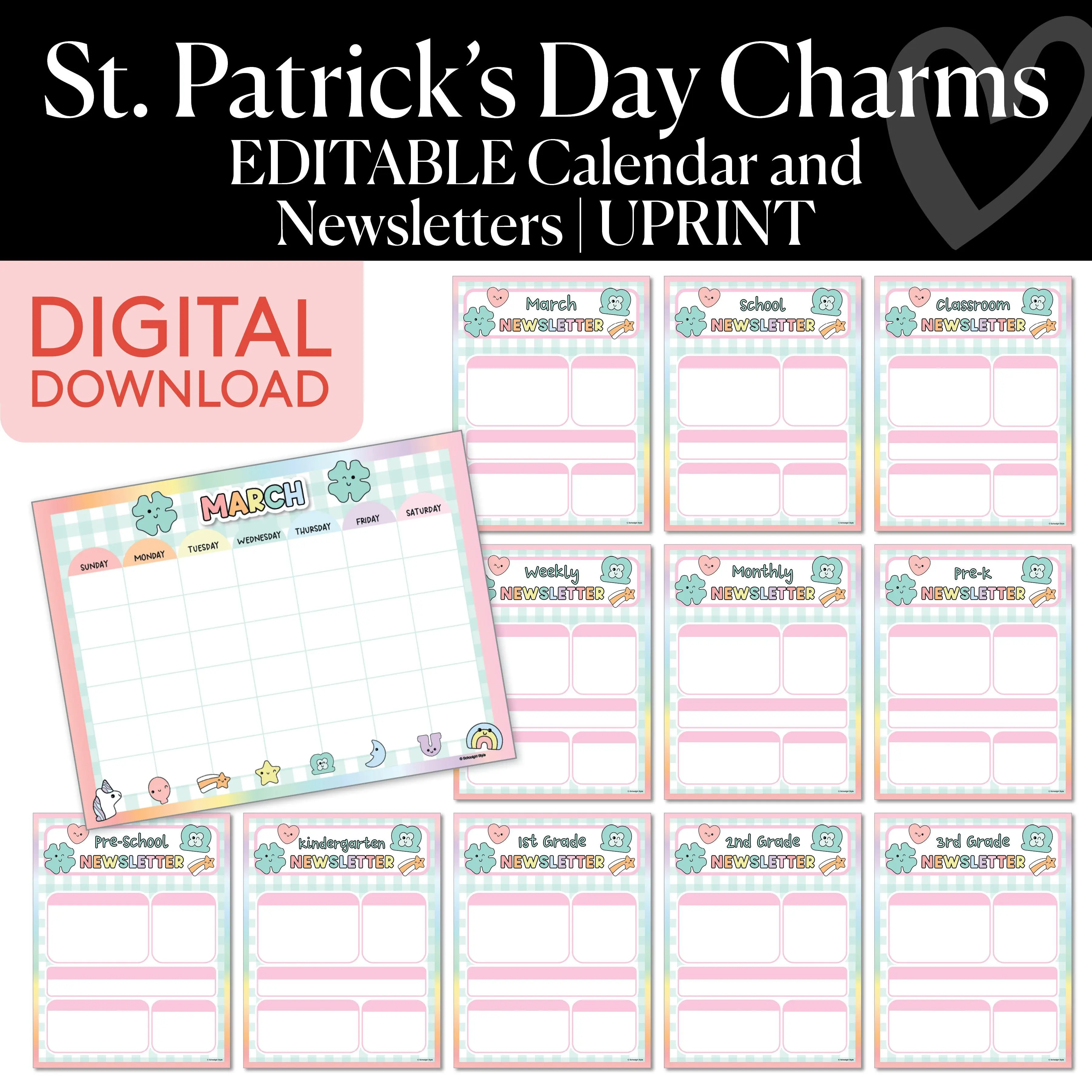 Printable March Calendar and Newsletters | St. Patrick's Day Charms