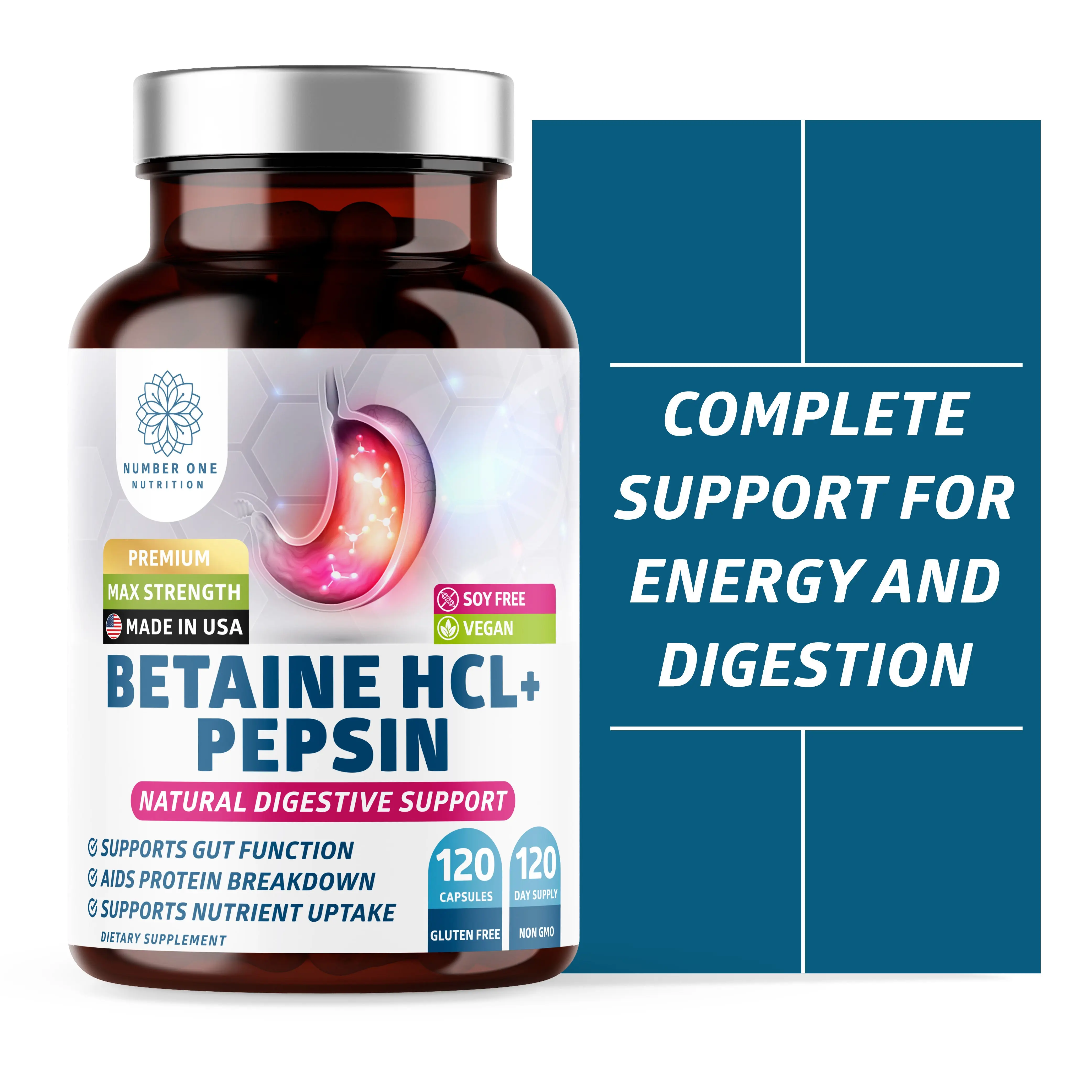 Number One Nutrition Betaine HCl+Pepsin 650mg Capsules for Digestive Support & Protein Breakdown Vegan Gluten-Free 120 Count