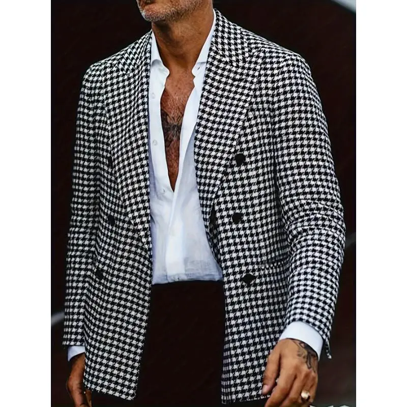 Men's Houndstooth Geometric Plaid Double-Breasted Long-Sleeve Polyester Blazer - Formal Vintage Casual Lapel Sports Coat with Flap Pockets for Business Banquet