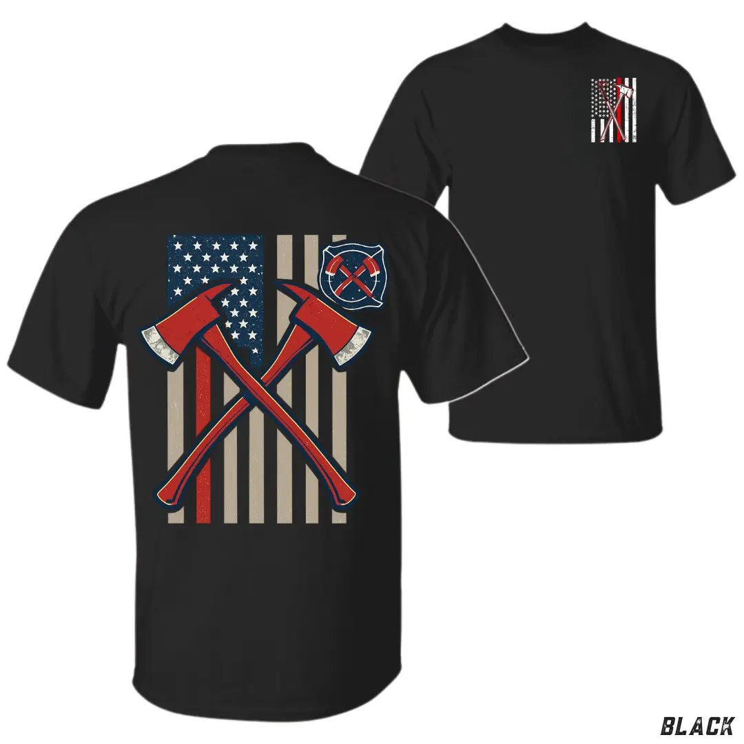 Firefighter Crossed Axes American Flag T-Shirt – Patriotic Firefighter Symbol and USA Flag Graphic Tee, Bold First Responder Pride Apparel for Firemen and Heroes