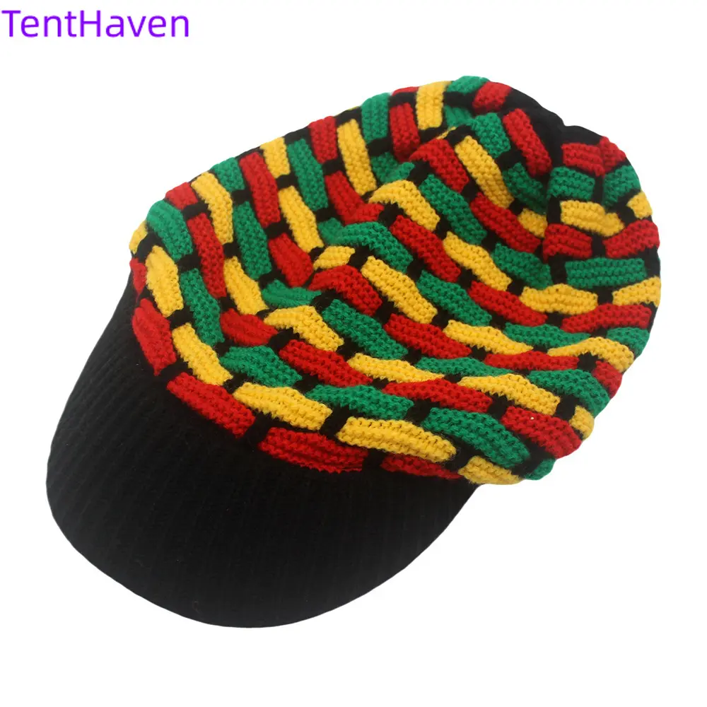 2026 New Funky Sporty Chic Jamaican Reggae Brimmed Pull-On Hat - Cotton Blend Yarn, Colorful Stripes, Long Rainbow Design, All Seasons, Color Variants, 1 Size Fits All for Hiking, Beach & Light Outdoor Sports, Knit Hat, Knitted Hat