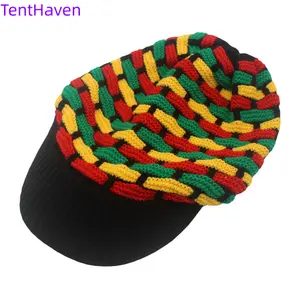 2026 new Jamaican reggae hat with brim and yarn, colorful striped long rainbow colored pullover knitted hat