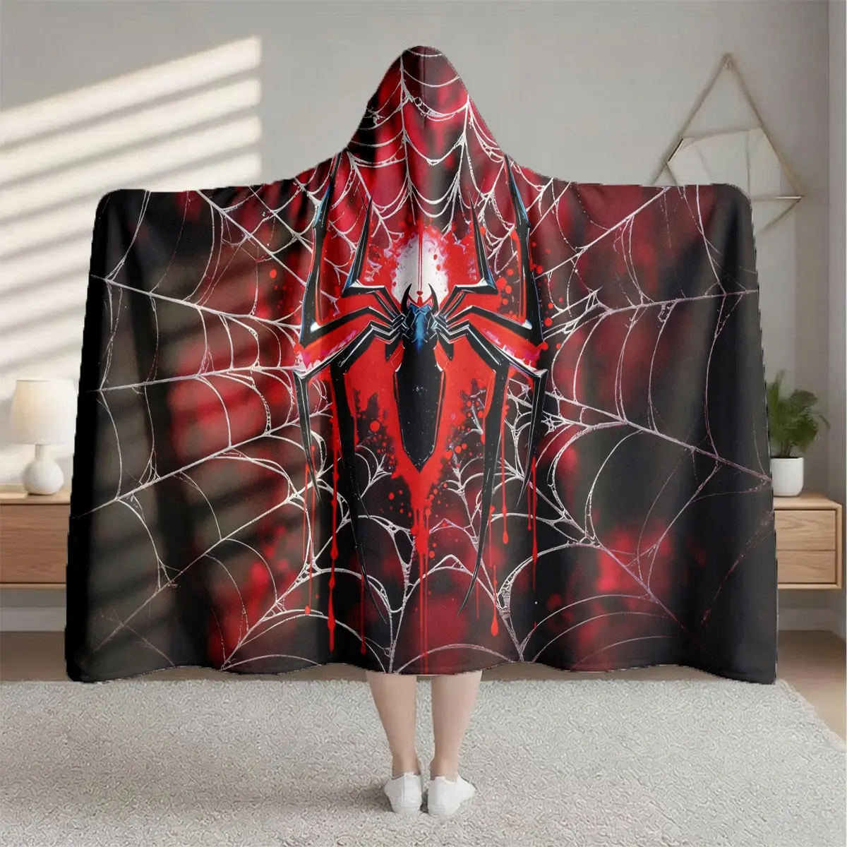 1 Piece Red-Black Spider Web Hooded Blanket, Digital Printed Flannel Fleece Blanket, Wearable Hooded Throw, Soft Warm Blanket, Ideal for Sofa, Home Leisure, Air Conditioning Nap, Office Bed or Camping & Travel